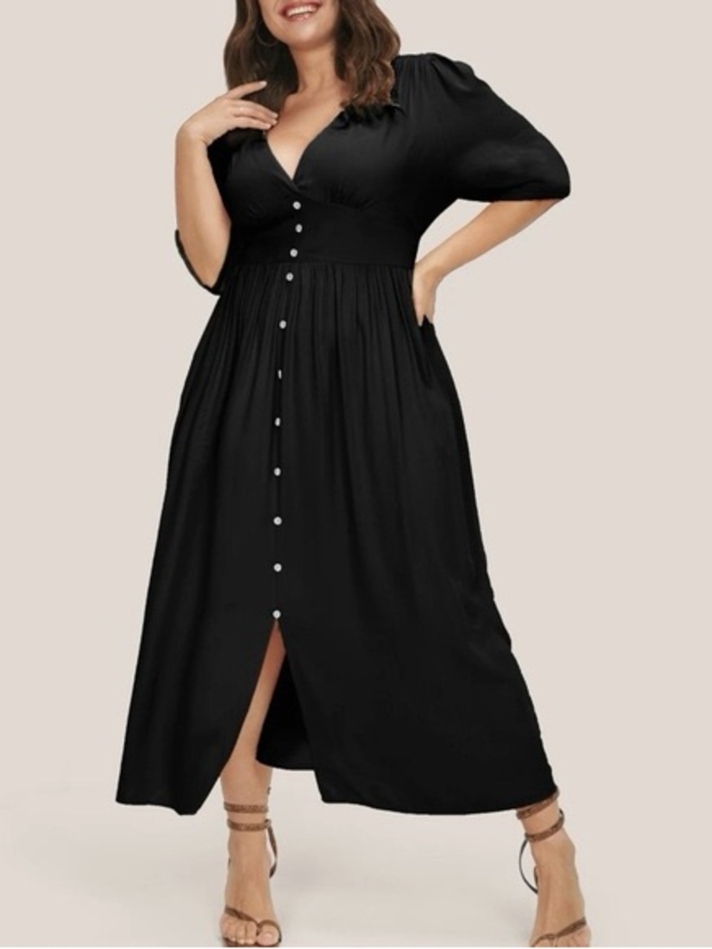 Bloomchic Black Plunging Neck Button Detail Maxi Dress - Size 26